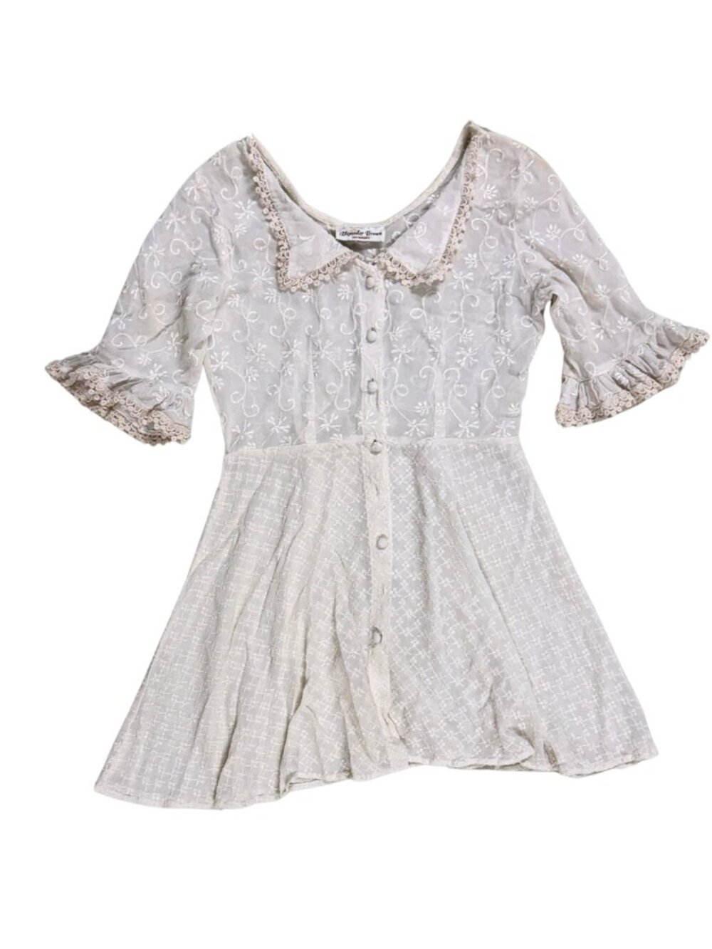 Vintage 90s Alexander Brown Sheer Embroidered Lace Trim Mini Dress White Small